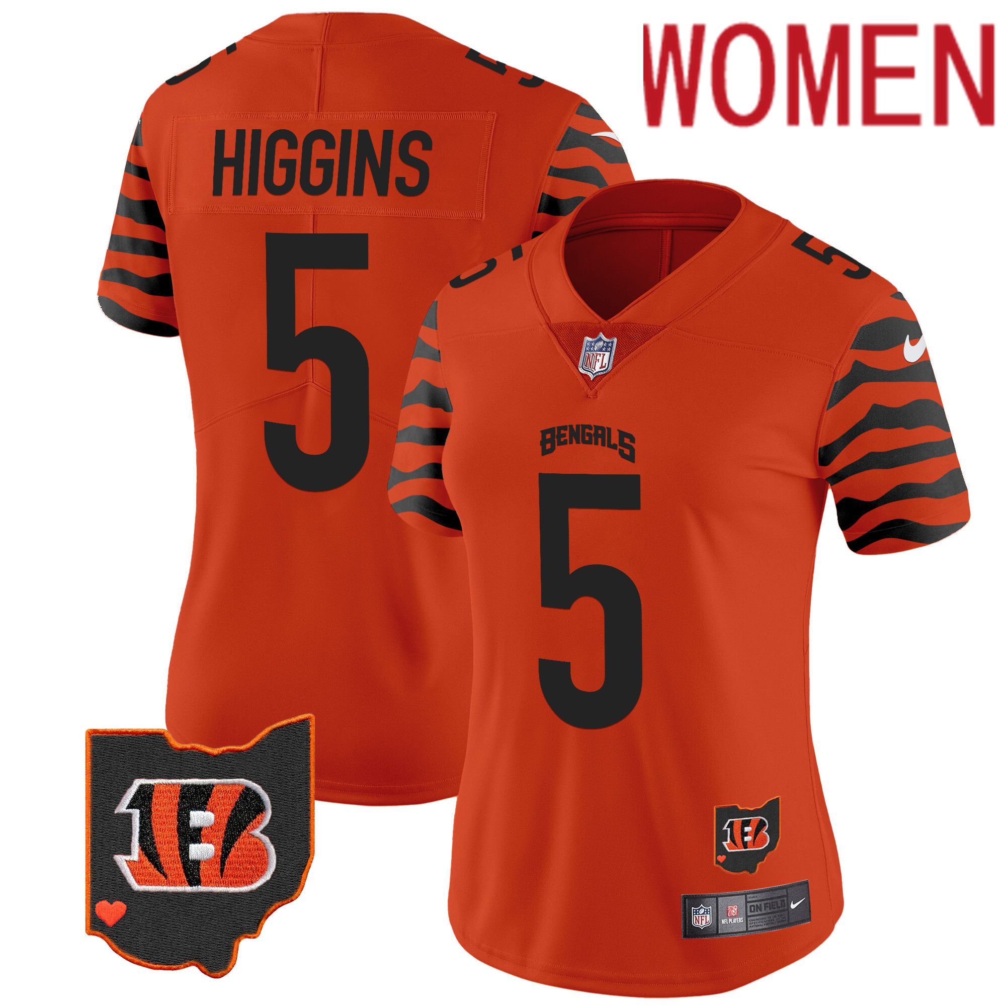 Women Cincinnati Bengals #5 Higgins Orange 2024 Nike Stripes Vapor Limited NFL Jersey